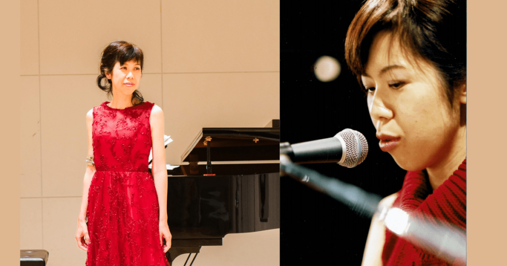 A singer-songwriter in a red dress singing before and during her performance at a hotel event. Providing a relaxing moment with music.