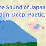 An illustration of Mount Fuji overlaid on golden Japanese paper, with a small bird flying towards it while singing, symbolizing Japanese spirituality and music.