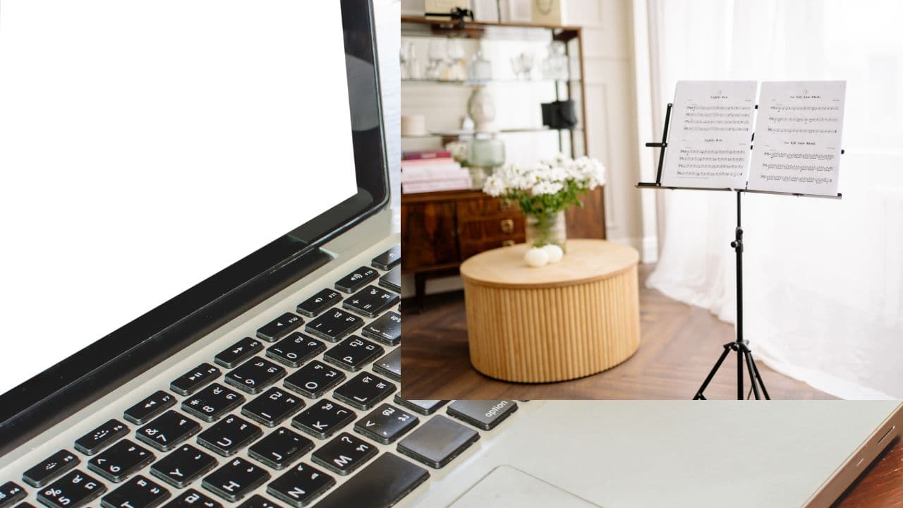 Laptop and music stand in a cozy space, evoking a peaceful music environment