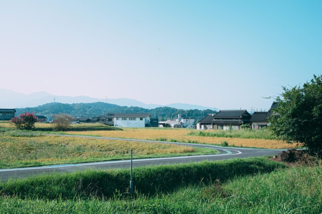 Traditional Japanese village landscape with rice fields and distant houses under a clear blue sky.
