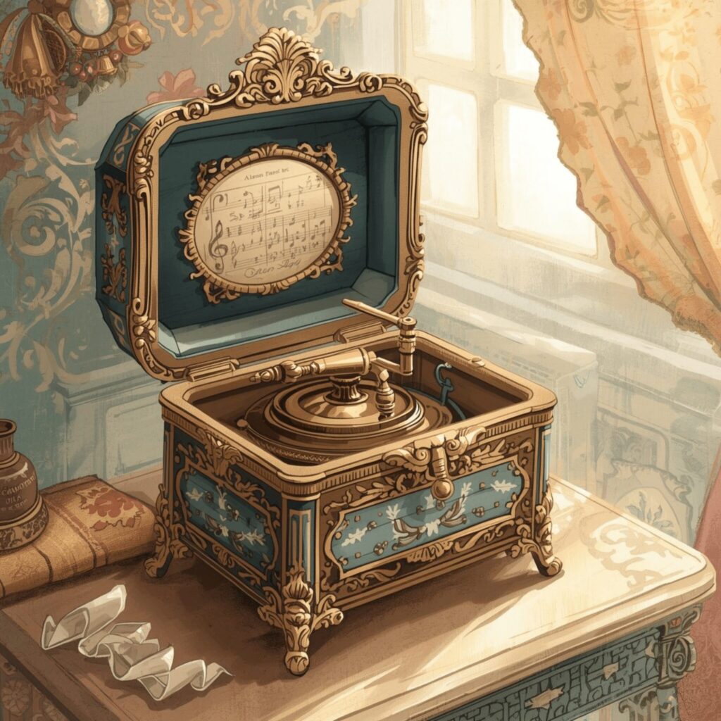 セピア色の宝箱のようなオルゴールのイラスト|432Hzの癒しの音を奏でる願いの箱